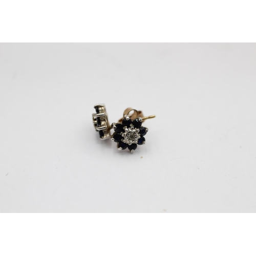 2267 - Three pairs of 9ct gold diamond and gemstone floral cluster stud earrings, two sapphire and one topa... 