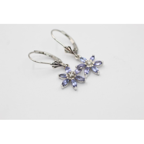 2302 - Two pairs of 9ct yellow and white gold tanzanite and diamond drop earrings - approx. gross weight 3 ... 