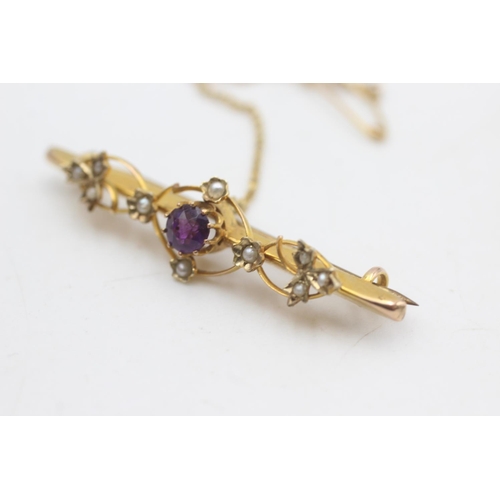 2319 - An antique hallmarked Chester 9ct gold amethyst and pearl bar brooch  - approx. gross weight 2.8 gra... 