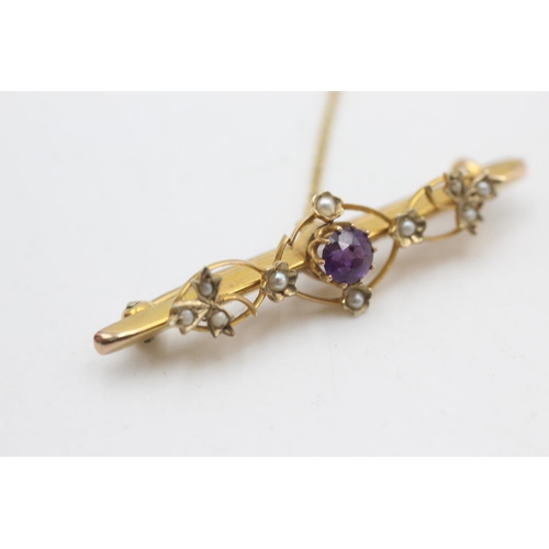 2319 - An antique hallmarked Chester 9ct gold amethyst and pearl bar brooch  - approx. gross weight 2.8 gra... 