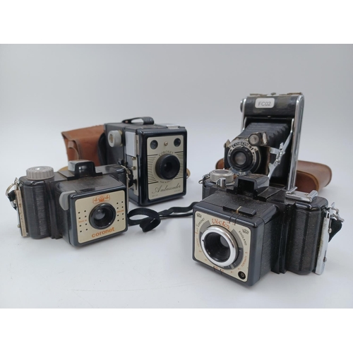 1238 - Four Coronet cameras, one cased folding for 120 film, one bakelite Victor viewfinder for 127 film, o... 