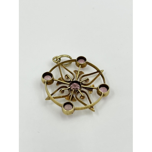 2361 - An antique 15ct gold seed pearl and pink gemstone pendant - approx. gross weight 2.83 grams