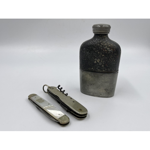 67 - Three items comprising vintage pewter, glass and leather hip flask, George Butler pocket knife and a... 