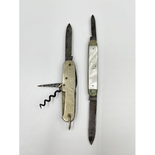 67 - Three items comprising vintage pewter, glass and leather hip flask, George Butler pocket knife and a... 