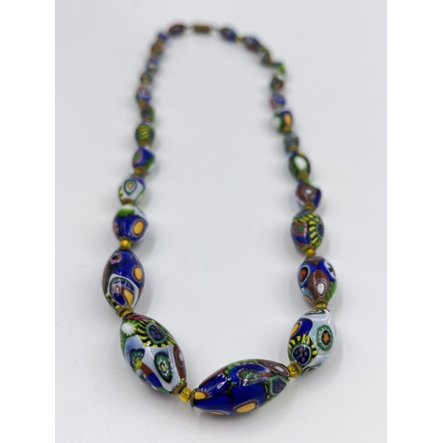 2334 - Two mid 20th century glass beaded necklaces, one Millefiori possibly by Murano and one Scottish agat... 