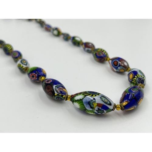 2334 - Two mid 20th century glass beaded necklaces, one Millefiori possibly by Murano and one Scottish agat... 