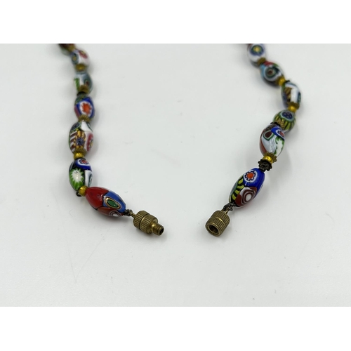 2334 - Two mid 20th century glass beaded necklaces, one Millefiori possibly by Murano and one Scottish agat... 