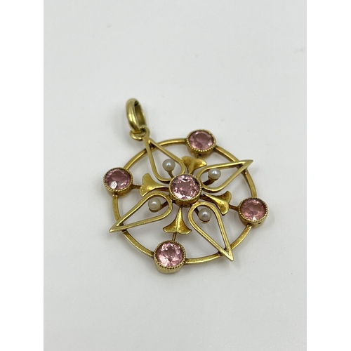 2361 - An antique 15ct gold seed pearl and pink gemstone pendant - approx. gross weight 2.83 grams