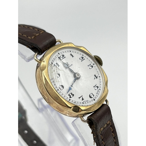 2407 - An Art Deco Omega hallmarked Birmingham 9ct gold cased mechanical 25mm women's wristwatch with brown... 