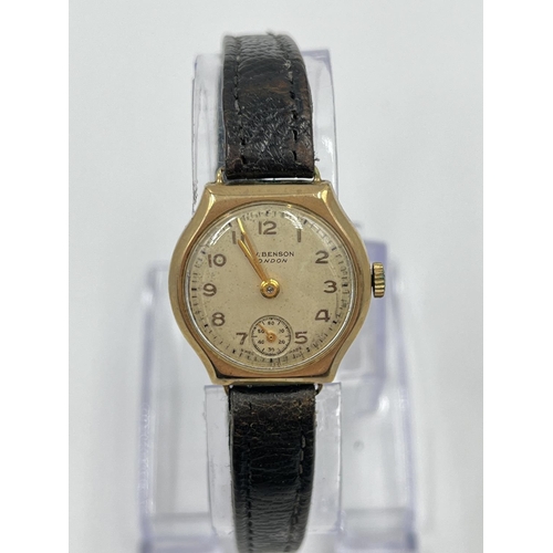 2405 - A W. Benson of London 9ct gold cased mechanical women's wristwatch with brown leather strap - approx... 