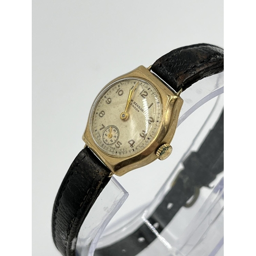 2405 - A W. Benson of London 9ct gold cased mechanical women's wristwatch with brown leather strap - approx... 