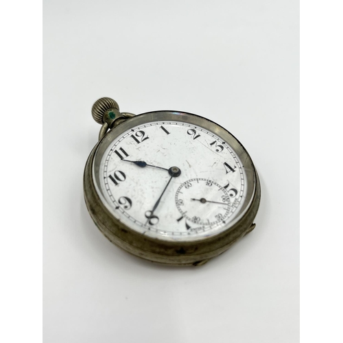 2410 - Three antique pocket watches comprising Tiega mechanical with white enamel face and sub second dial ... 