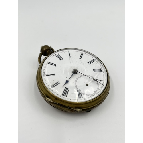 2410 - Three antique pocket watches comprising Tiega mechanical with white enamel face and sub second dial ... 