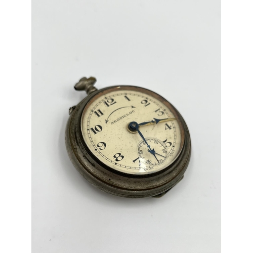 2410 - Three antique pocket watches comprising Tiega mechanical with white enamel face and sub second dial ... 