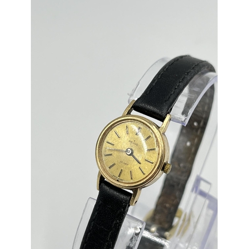 2409 - Three vintage women's wristwatches, Revue 9ct gold cased quartz with black leather strap, Rotary gol... 