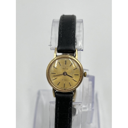 2409 - Three vintage women's wristwatches, Revue 9ct gold cased quartz with black leather strap, Rotary gol... 