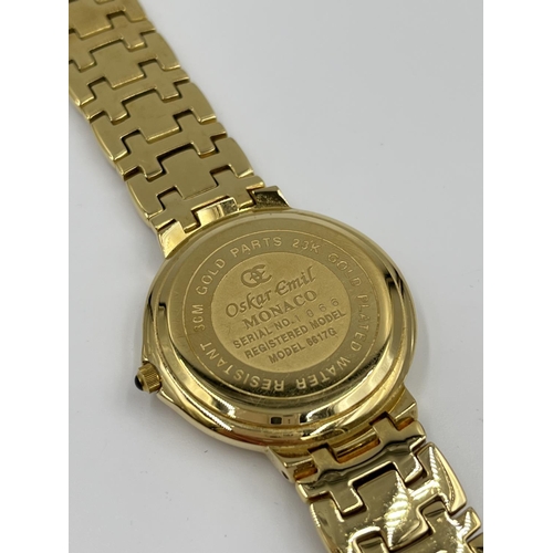 2416 - A boxed Oskar Emil Monaco gold plated men's wristwatch, serial no. 1066 and model no. 6617G