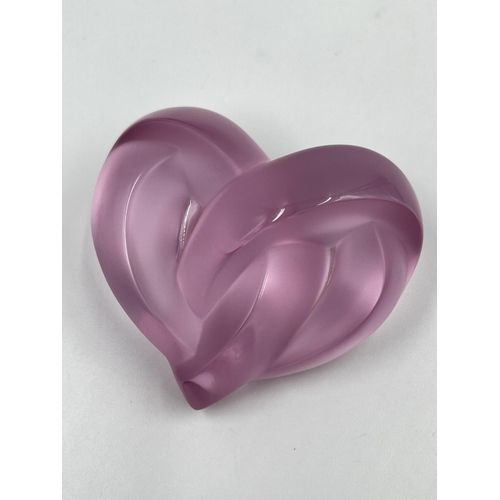 430B - A boxed Lalique pink glass heart paperweight