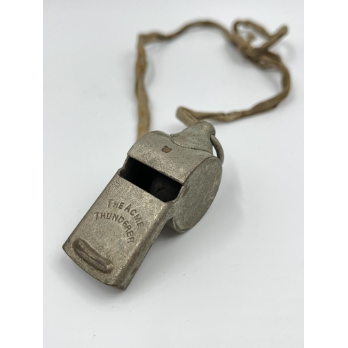 68 - Six items comprising Metropolitan J. Hudson & Co of Birmingham brass police whistle, The Acme City w... 