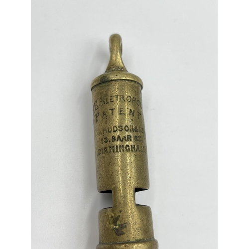 68 - Six items comprising Metropolitan J. Hudson & Co of Birmingham brass police whistle, The Acme City w... 