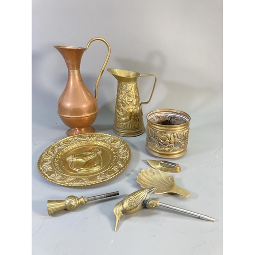 509 - A collection of metalware to include leather fire bellows with brass fittings and oak handles, Hasel... 