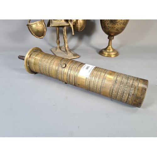 530 - Three pieces of brassware, Turkish coffee grinder - approx. 30cm high, goblet - approx. 19cm high an... 