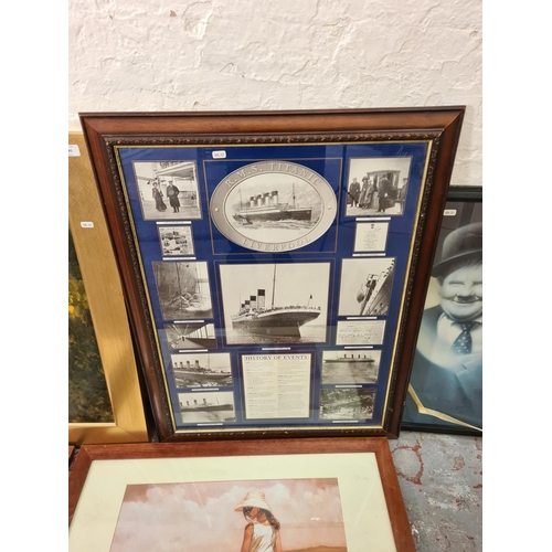 1182 - Five various framed pictures to include RMS Titanic Liverpool History of Events collage, Laurel and ... 