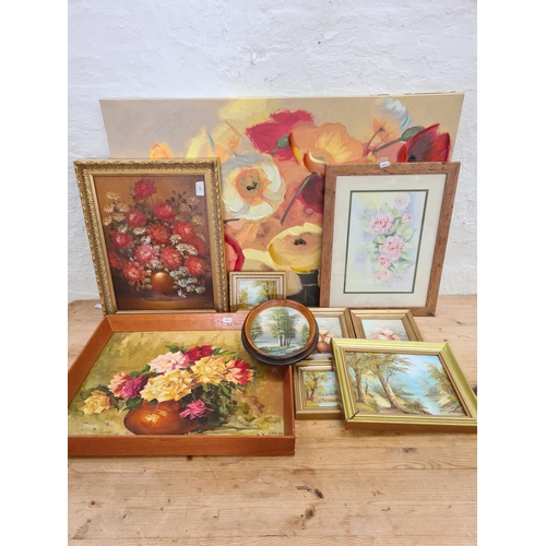 1185 - Ten various floral oil paintings and watercolours to include 1960s teak framed signed lower right - ... 