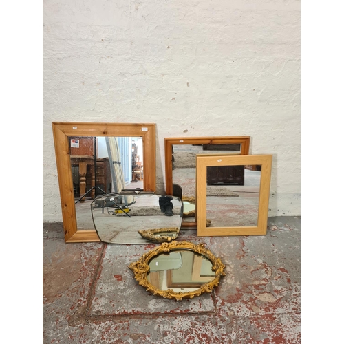 1187A - Five various mirrors to include Art Deco style bevelled edge - approx. 66cm wide x 42cm high etc.