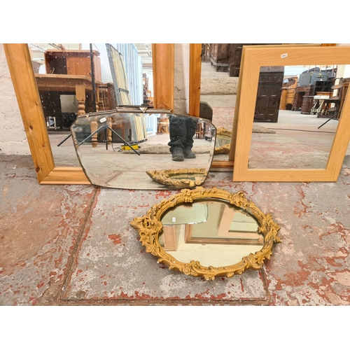 1187A - Five various mirrors to include Art Deco style bevelled edge - approx. 66cm wide x 42cm high etc.