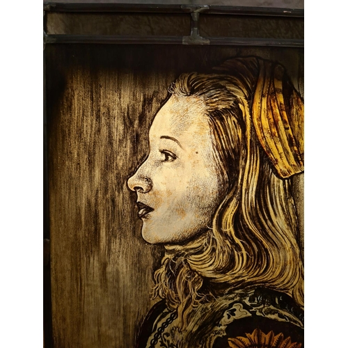 1194 - A Dutch style hand painted portrait of a female on stained glass - approx. 33cm high x 25cm wide