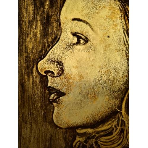 1194 - A Dutch style hand painted portrait of a female on stained glass - approx. 33cm high x 25cm wide