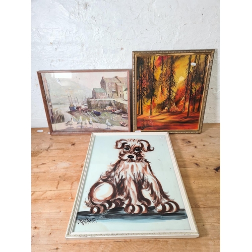 1197 - Three mid/late 20th century framed pictures to include Jean Rennie oil on board - approx. 50cm high ... 