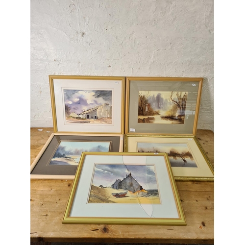 1199 - Five framed watercolours, four signed E. Dale