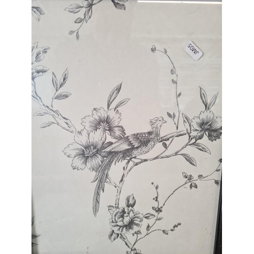 1200 - Three framed Oriental wallpaper prints - all approx. 53cm high x 43cm wide