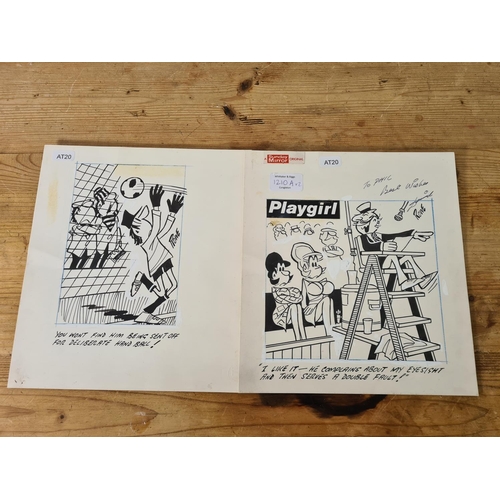 1210A - Two original 1980s David Rowe Sunday Mirror cartoons, one being signed - approx. 27cm high x 24cm wi... 