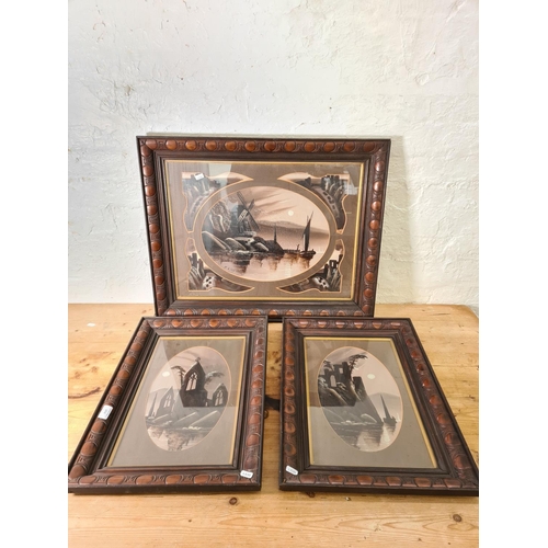 1212 - Three antique Oriental style framed oil paintings, one signed E. A Valentine - approx. 73cm wide x 5... 