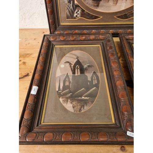 1212 - Three antique Oriental style framed oil paintings, one signed E. A Valentine - approx. 73cm wide x 5... 