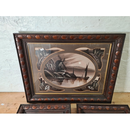 1212 - Three antique Oriental style framed oil paintings, one signed E. A Valentine - approx. 73cm wide x 5... 