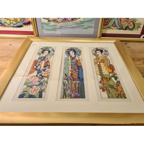 1213 - Four framed Oriental tapestries - largest approx. 60cm wide x 55cm high