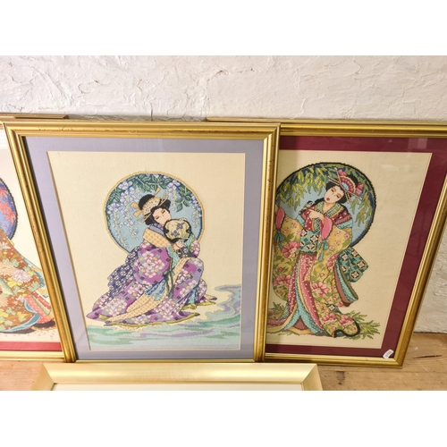 1213 - Four framed Oriental tapestries - largest approx. 60cm wide x 55cm high