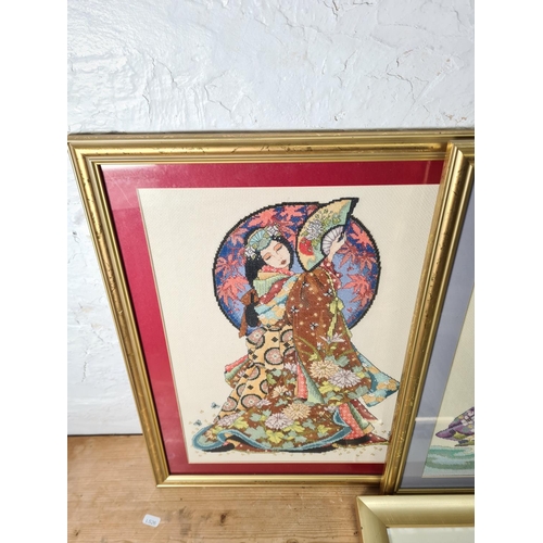 1213 - Four framed Oriental tapestries - largest approx. 60cm wide x 55cm high