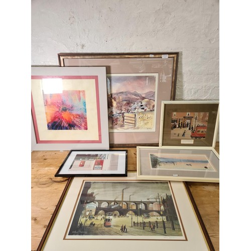 1214A - Six assorted framed prints to include limited edition 382/500 pencil signed Arthur Delaney of a Manc... 