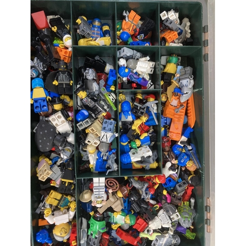 676 - Two boxes and one display case containing a large quantity of Lego figures and building blocks