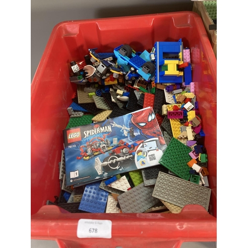 678 - Two boxes containing a large quantity of Lego to include Harry Potter Hogwarts construction set, Min... 