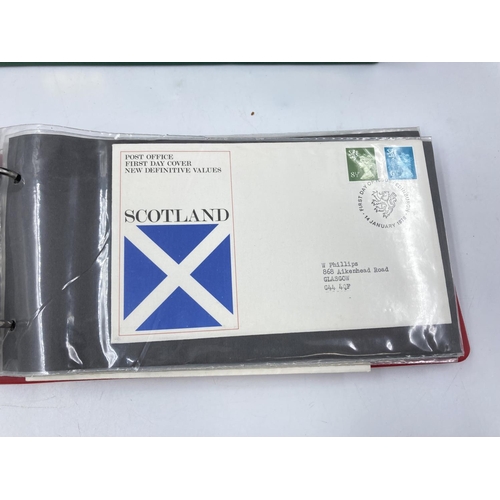 762 - Six stamp albums containing various stamps to include Royal Airforce, Famous Trains, Landmarks, Firs... 