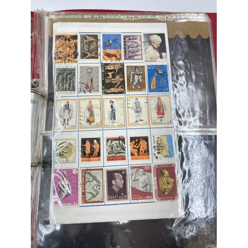 762 - Six stamp albums containing various stamps to include Royal Airforce, Famous Trains, Landmarks, Firs... 