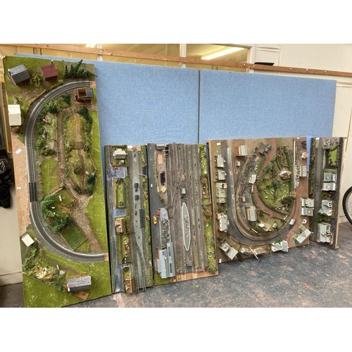 612 - Five pieces of scratch built OO gauge model railway track with buildings and accessories