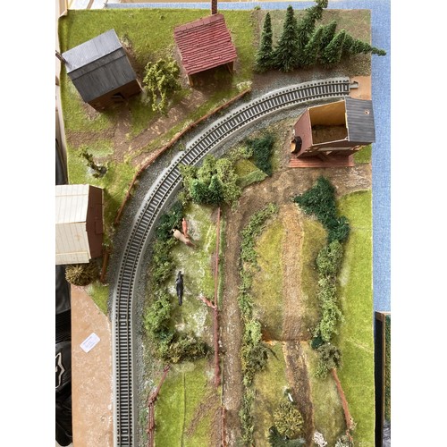 612 - Five pieces of scratch built OO gauge model railway track with buildings and accessories