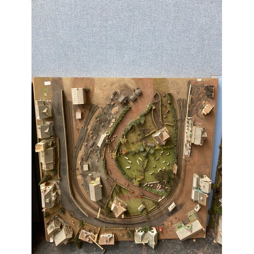 612 - Five pieces of scratch built OO gauge model railway track with buildings and accessories